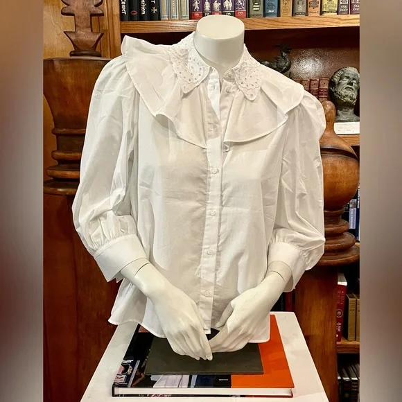 ZARA 100% Eco Cotton - Victorian Ruffle Collar White Blouse - Picture 1 of 8